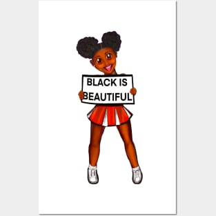 Black is beautiful black girl cheerleader with Afro hair in puffs, dimples, brown eyes and dark brown skin side profile. Hair love ! Posters and Art